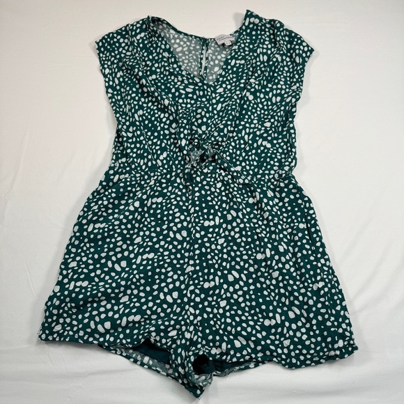 Dear Siouxsie Polka Dot Romper Womens Size XL Green White Pockets Keyhole Tie - Picture 1 of 13